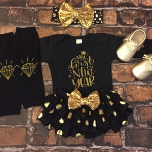 New Year&#39;s Eve Baby Girl Outfit,My first new years eve, Baby First New Year, Tutu Bloomer Black Gold Glitter Headband