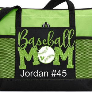 May include: Green and black tote bag with a mesh pocket. The bag has a design that says "Baseball Mom" with a baseball and glitter accents. The text "Jordan #45" is also on the bag.