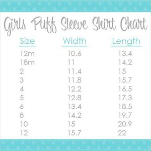 Peut inclure: Un tableau indiquant les tailles de chemises &agrave; manches bouffantes pour filles avec les mesures de largeur et de longueur correspondantes en pouces. Le tableau r&eacute;pertorie les tailles de 12 mois &agrave; 12 ans.