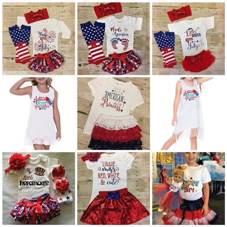 May include: Nine different outfits for girls, featuring red, white, and blue colors, with patriotic themes and slogans like "My First 4th of July", "Made in America", "Little Miss Firecracker", "All American Princess", "Little Miss Red, White & Cute", and "American Girl".