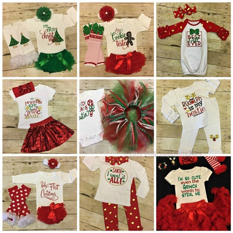 May include: Nine different Christmas outfits for babies. The outfits feature a variety of Christmas themes, including Santa, Rudolph, the Grinch, and a Christmas tree. The outfits are all white with red, green, and gold accents. Some of the outfits include a tutu, leggings, and a headband.
