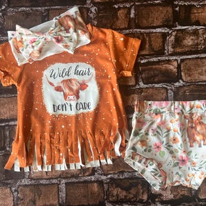 Baby Highland Cow Outfit: Fringed Tee, Bummie & Headband Set