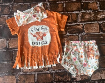 Baby Highland Cow Outfit: Fringed Tee, Bummie & Headband Set
