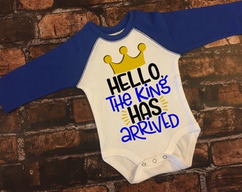 Hello The King has arrived, baby come home boy bodysuit, new baby boy bodysuit, baby shower for boy, boys baby gift