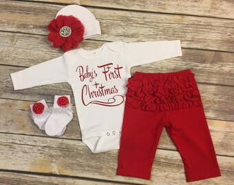 Baby Girls Christmas, Babys First Christmas Outfit, First Holiday Outfit, Free Personalization, Newborn holiday Outfit, baby shower gift
