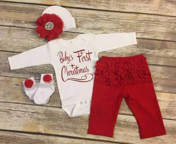 Baby Girls Christmas, Babys First Christmas Outfit, First Holiday Outfit, Free Personalization, Newborn Holiday Outfit, Baby Shower Gift