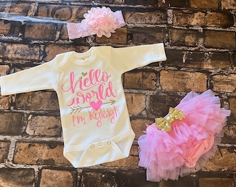 Pink and Gold Newborn Outfit: Tutu Bloomer, Headband, Cotton Onesie