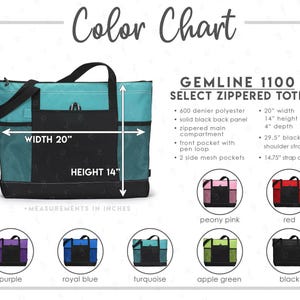May include: A turquoise Gemline 1100 Select zippered tote bag with black accents. The bag is 20 inches wide, 14 inches high, and 4 inches deep. It has a zippered main compartment, front pocket, and two side mesh pockets. Color options include purple, royal blue, and black.
