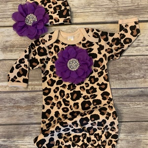 Newborn Girl Coming Home Outfit, Personalized Leopard Print Baby Gown, newborn girl,  Girl Shower Gifts Take Home Outfit Hospital Outfit