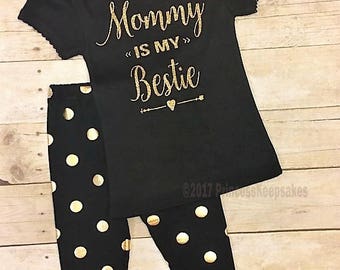 Mommy is My Bestie Outfit: Black & Gold Tee, Polka Dot Pants