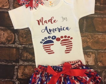 Red, White, and Cute: Patriotic 4th of July Outfit for Baby Girls, Made in the USA, baby girl Fourth of July outfits, 4th of July bodysuit