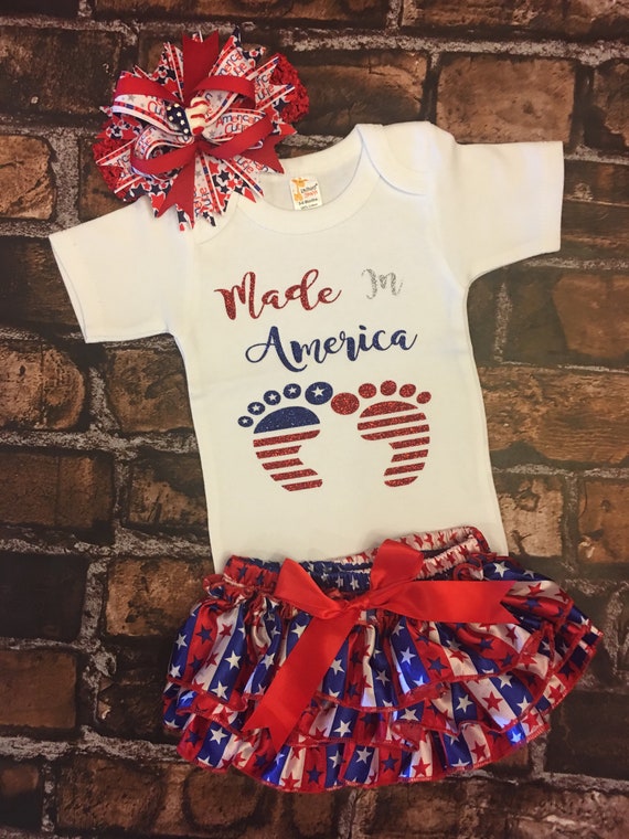 Red, White, and Cute: Patriotic 4th of July Outfit for Baby Girls, Made in the USA, baby girl Fourth of July outfits, 4th of July bodysuit