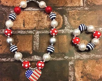 4th of July Heart Pendant Necklace: Red, White & Blue Chunky Bead