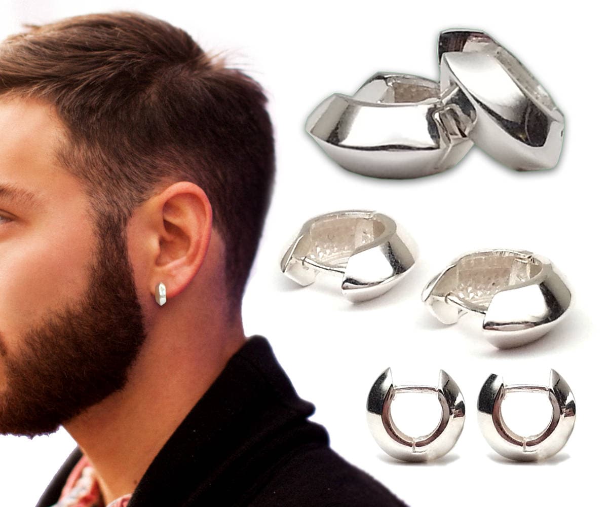 MEN's Hoop Earrings Thick Sterling SILVER .925 Modern | Etsy