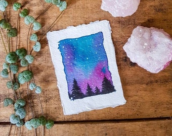 Tiny landscape on Khadi paper. Watercolor Ecoline - Starry sky - Handmade paper - Cute - Galaxy - Pink Blue Purple - Trees - Little painting