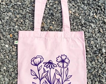 Floral Feast pink tote bag with purple design - handmade - screenprinted - eco friendly