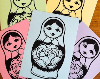 Matryoshka doll Screen print - Russian doll Zeefdruk - Pastel paper print - A5 poster print - Artwork