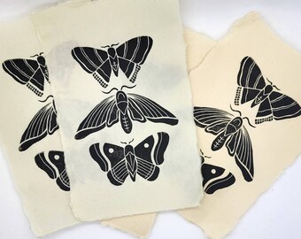 THREE MOTHS Lino print - Linocut on Kitakata paper - Artwork on japanese paper