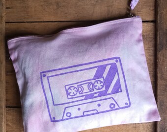 Mixtape Pouch, cotton bag, minimalist print, birthday gift, pink tie dye organiser, handmade design, selflove and  wildflowers, cassette