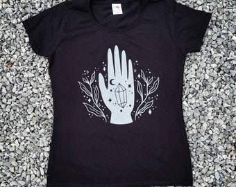 Crystal hand t-shirt, black with silver, spiritual print, tarot occult herbalism witchcraft amethyst flowers