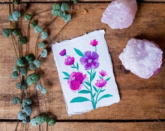 Tiny Artwork on Khadi paper - Watercolor Ecoline - Flowers - Handmade paper - Cute - Pink Purple Green - Little painting