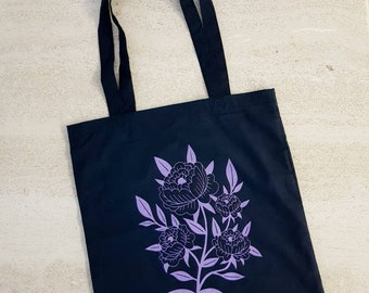 Black tote bag with lilac metallic flower print - halloween inspired - purple - handmade - screenprinted