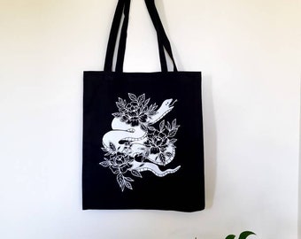 SNAKE ATTACK tote bag - handmade screen print - Black shopper - Flowers