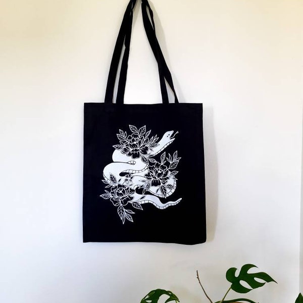 SNAKE ATTACK tote bag - handmade screen print - Black shopper - Flowers