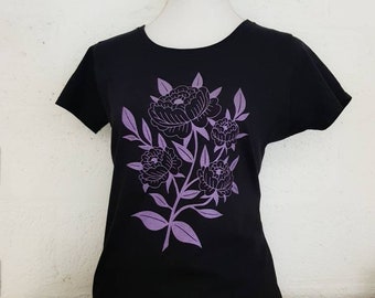 Flower tshirt - Girlie tee with lilac metallic print - tattoo flash design - screenprint - black halloween shirt with purple flowers