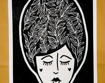 Plantlady Linocut print - Lino Poster - Big hair - Black ink illustration