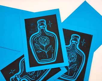 Fragile flower greeting card - Linocut print - Blue card - Blank inside