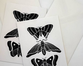 Moths greeting card - Linocut - Hand printed on white paper - Three moths