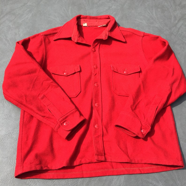 70s Red Wool Heavy Flannel Jacket Vintage Button Down