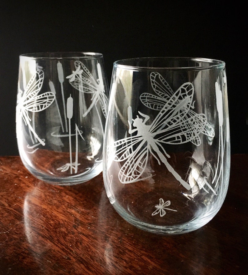 Dragonfly etched glass stemless wine glass sandblasted Etsy