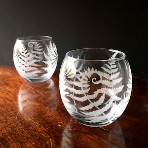 Ferns etched glass, fern glass tumbler, woodland etched glasses, sandblasted