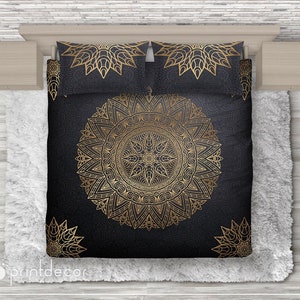Mandala BEDDING, Gold & Black Mandala Bedding, Bohemian Duvet Cover Set, Boho Bedding, Twin, Full, Queen, King Hippie Bohochic Bedding