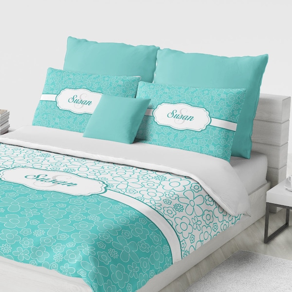 Custom Bedding Set, Personalized Duvet Cover Set, Monogram Bedding, Teal Floral Bedding, Twin, Full, Queen, King, Custom Girl Bedding