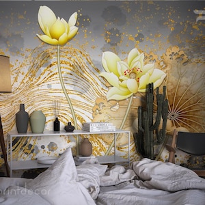 PAPIER PEINT fleurs de lotus jaunes, revêtement mural floral, papier peint 3D, papier peint moderne, papier peint autocollant