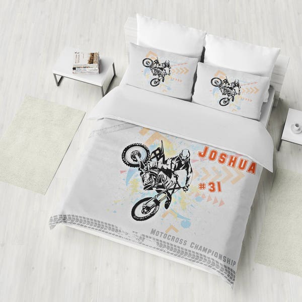 Motocross Bedding Set, Dirt Bike Duvet Cover Set, Motor Sport Bedding, Custom Personalized Biker Bedding, Twin, Full, Queen, King