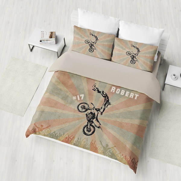 Motocross Bedding Set, Dirt Bike Duvet Cover Set, Motor Sport Bedding, Custom Personalized Biker Bedding, Twin, Full, Queen, King