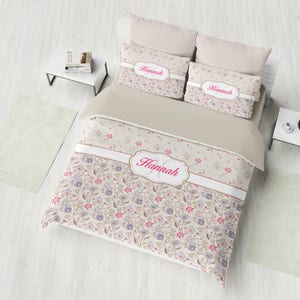 Custom Bedding Set, Personalized Duvet Cover Set, Monogram Bedding, Floral Pattern Bedding, Twin, Full, Queen, King, Custom Girl Bedding