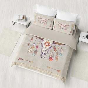 Boho Dreamcatcher Bedding, Free Spirit Duvet Cover Set, Tribal Totem Bedding, Twin, Full, Queen, King Deer Skull Art Bedding