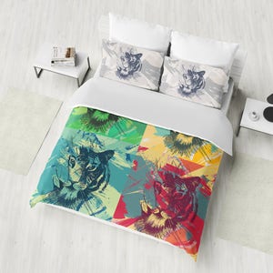 Set di biancheria da letto retrò, Set di copripiumini Pop Art, Biancheria da letto vintage Tigers, Decorazione colorata della camera da letto, Doppia, completa, Regina, Biancheria da letto per animali con stampa king