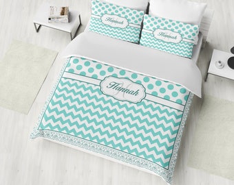 Personalized Bedding Set, Monogram Duvet Cover Set, Monogram Bedding, Polka Dots, Chevron Pattern Bedding, Twin, Full, Queen, King