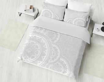Mandala Bedding, White Mandala Duvet Cover Set, Boho Bedding, Bohemian Duvet Cover Set, Twin, Full, Queen, King Hippie Bedding
