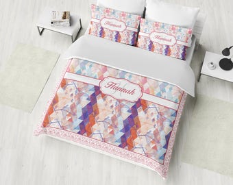 Personalized Bedding Set, Monogram Duvet Cover Set, Monogram Bedding, Geometry Pattern with Floral Motifs Bedding, Twin, Full, Queen, King