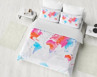 Watercolor Map Bedding, World Map Duvet Cover Set, Sea Map Bedding, Boho Grunge Bedroom Comforter Decor, Twin, Full, Queen, King Bedding