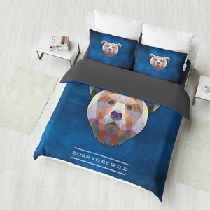 Grizzly BEDDING, Poszewka na kołdrę Born to be Wild, Pościel Bear, Nowoczesny wystrój sypialni w geometryczne wzory wielokątne, Pościel Twin, Full, Queen, King