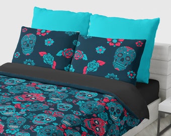 Sugar Skull Bedding Set, Sugar Skulls Duvet Cover Set, Dia De Los Muertos Bedding, Day of the Dead Duvet Cover, Floral Retro Bedroom Decor