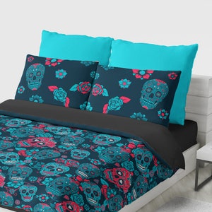 Sugar Skull Bedding Set, Sugar Skulls Dekbedovertrek Set, Dia De Los Muertos Beddengoed, Day of the Dead Dekbedovertrek, Bloemen Retro Slaapkamer Decor
